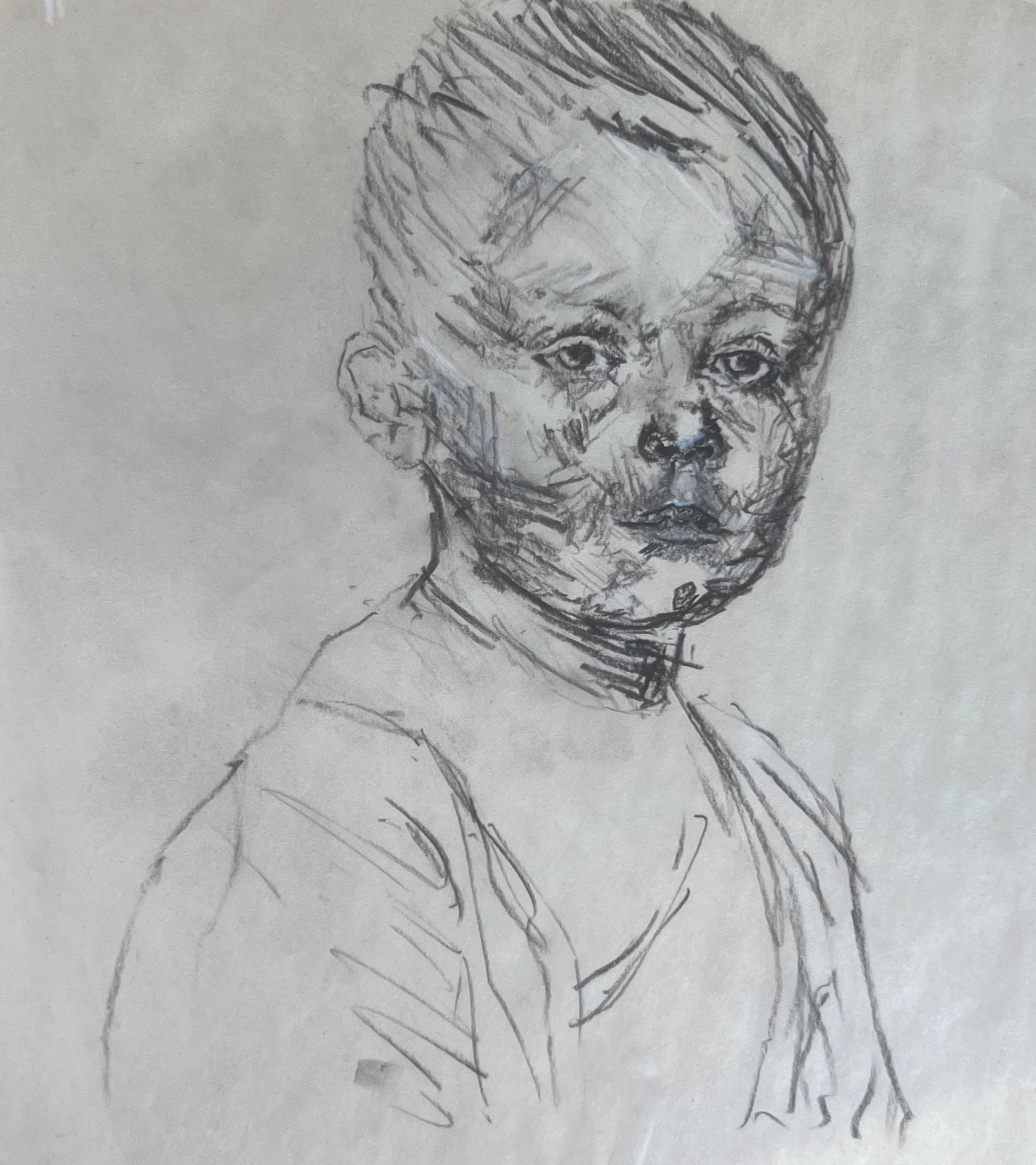 young boy in three-quarter view, scribbled charcoal strokes over cream paper, steady dark eyes