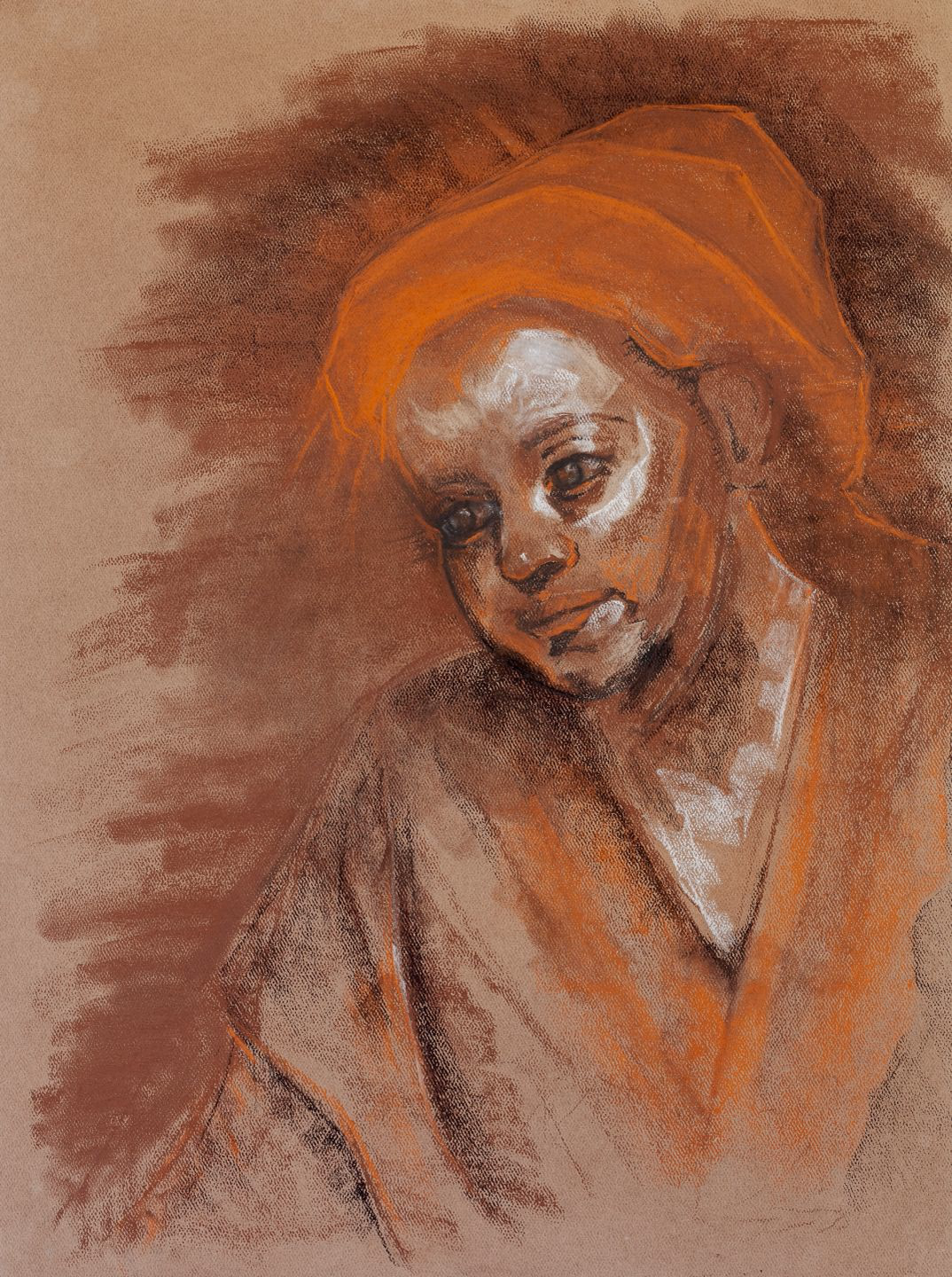 child in an orange head wrap glancing sideways, worked in earth reds and white over a warm ground
